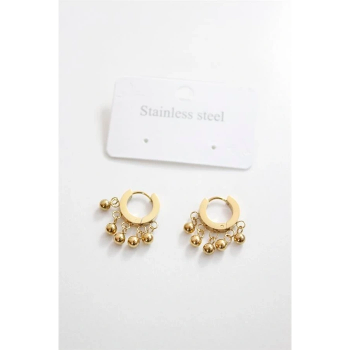 Çelik Boncuklu Halka Küpe - Altın