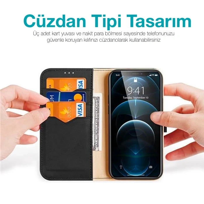 Dux Ducis iPhone 12 - 12 Pro Kılıf Mıknatıslı Cüzdanlı Deri Kılıf Hivo Series-(5775)