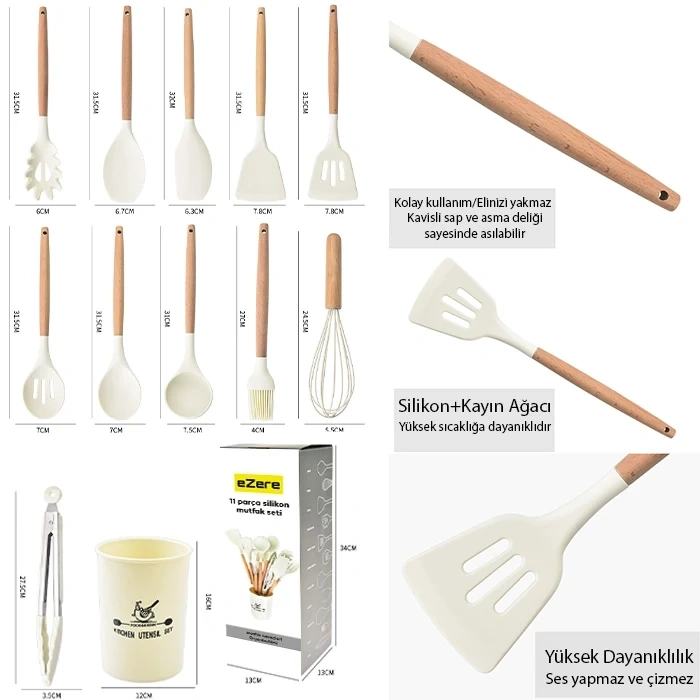 Ezere 11 Parça Silikon Uçlu Ahşap Saplı Mutfak Seti Ve Saklama Kutusu-(5775)