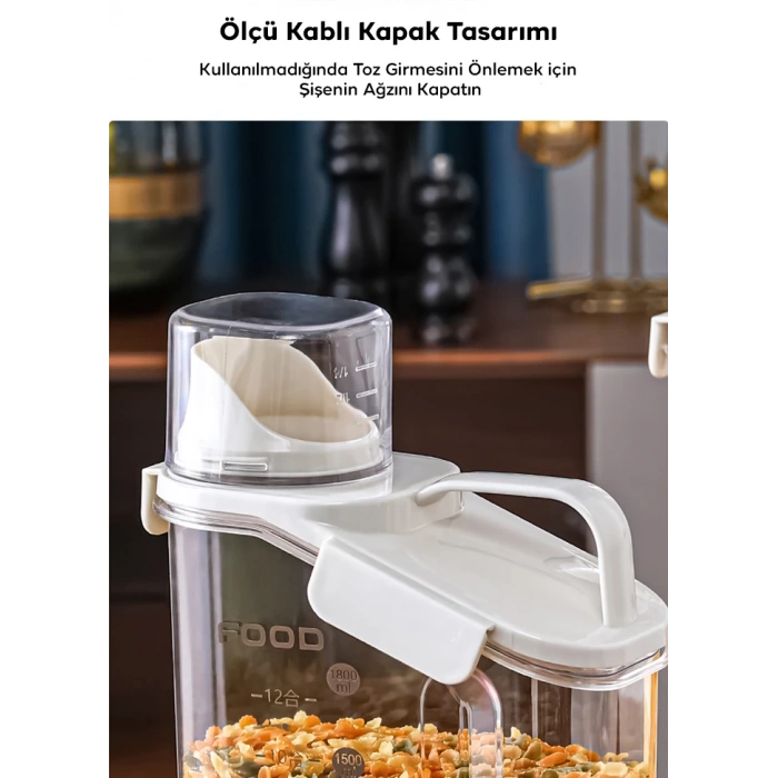 EZERE Büyük Kapasiteli Ölçülü Tahıl-Gıda-Baharat 1600ml Şeffaf Saklama Kutusu-(5775)