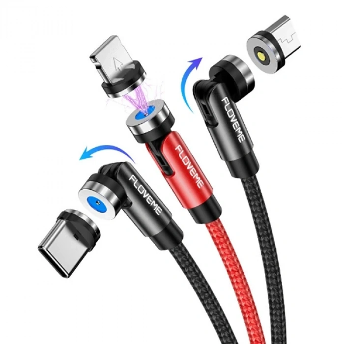 Floveme 540 Dönebilen Miknatisli Usb Sarj Kablosu 3 Baslik(iPhone+Type-C+Micro 1M-(5775)