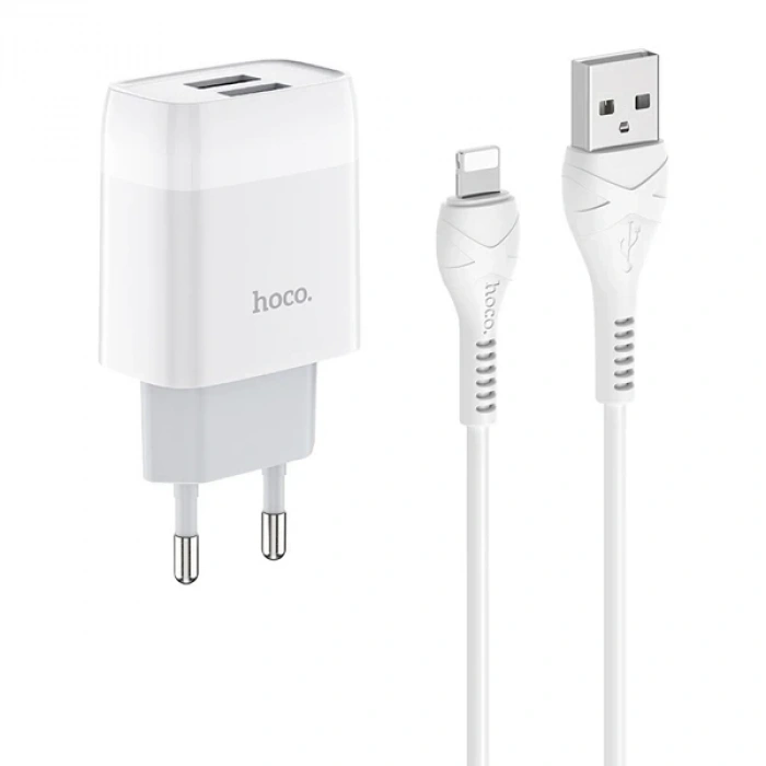 Hoco C73A Çift USB Girişli Hızlı Şarj Adaptörü ve Hızlı İPhone Şarj Kablosu 1M-(5775)