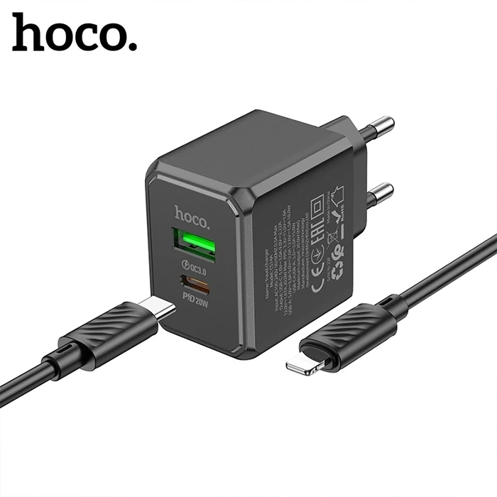 HOCO CS14A Ocean PD20W+QC3.0  Girişli Hızlı Şarj Başlığı Ve Type-C To iPhone Lightning Kablo-(5775)
