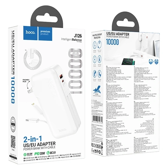 Hoco J126 USB-A+Type-C Çıkışlı Type-c+Lightning Kablolu 10000mAh Powerbank Şarj Aleti-(5775)