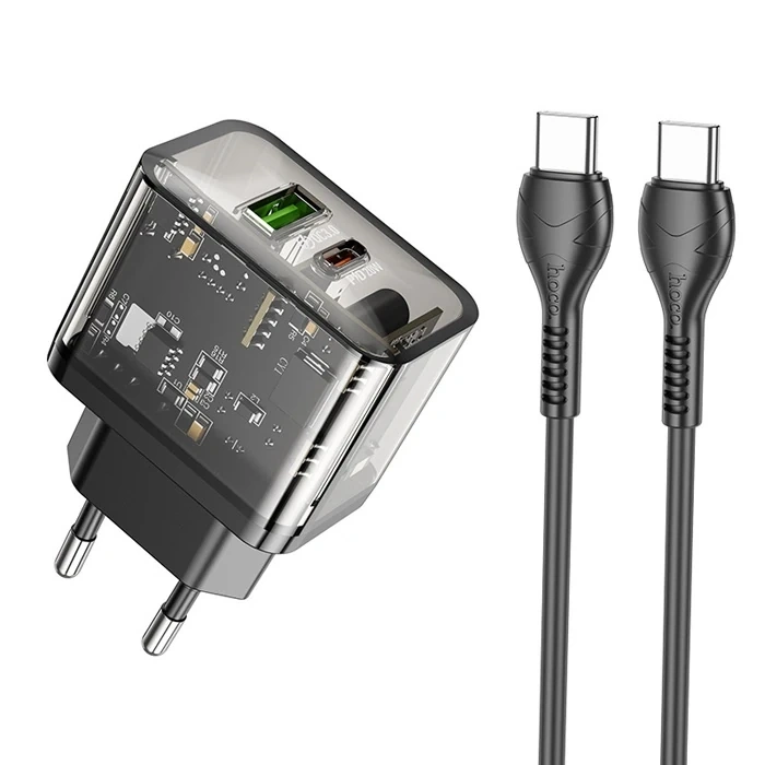 HOCO N34 PD20W USB+Type-C + Type-C Kablo Hızlı Şarj Adaptör Seti-(5775)