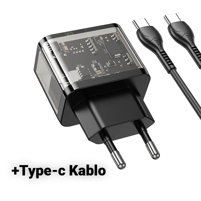 HOCO N34 PD20W USB+Type-C + Type-C Kablo Hızlı Şarj Adaptör Seti-(5775)