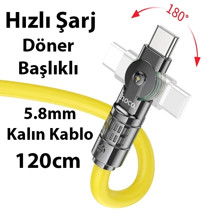 HOCO U118 Döner Başlıklı Type-C to Type-C 60W Hızlı Şarj ve Veri Kablosu-(5775)