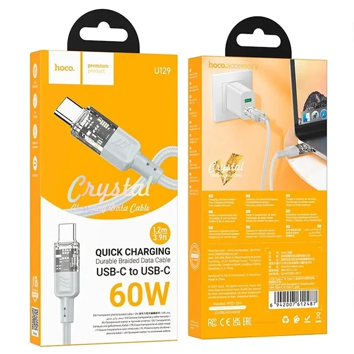 Hoco U129 Transparan Type-C to Type-C Data ve Şarj Kablosu 1m-(5775)