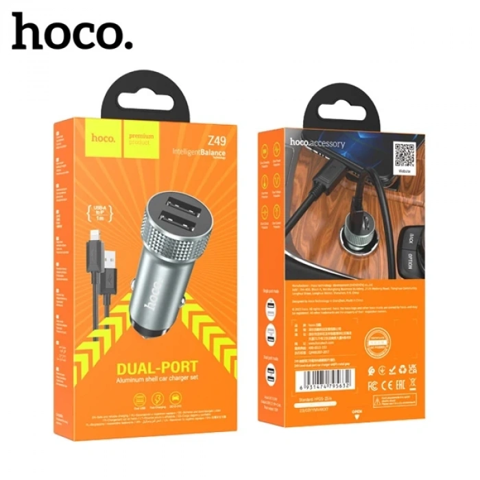 HOCO Z49 Çift USB Girişli Araç Şarj Başlık + USB To iPhone Lightning Kablo-(5775)