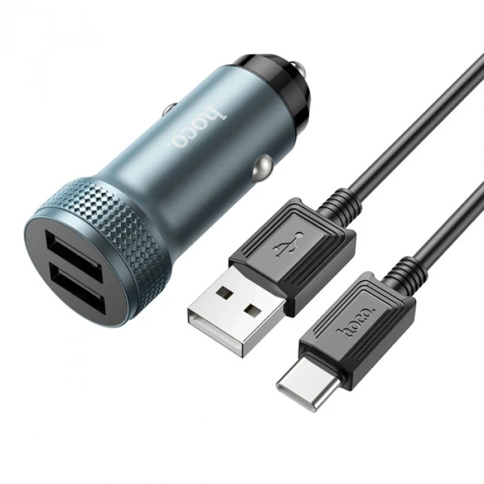 HOCO Z49 Çift USB Girişli Araç Şarj Başlık + USB To Type-C Kablo-(5775)