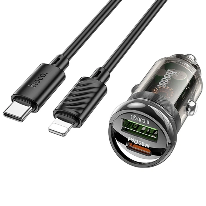 HOCO Z53A Vision PD30W Type-C + USB QC3.0 Girişli Araç Çakmaklık Hızlı Şarj Aleti + Type-C to iPhone-(5775)