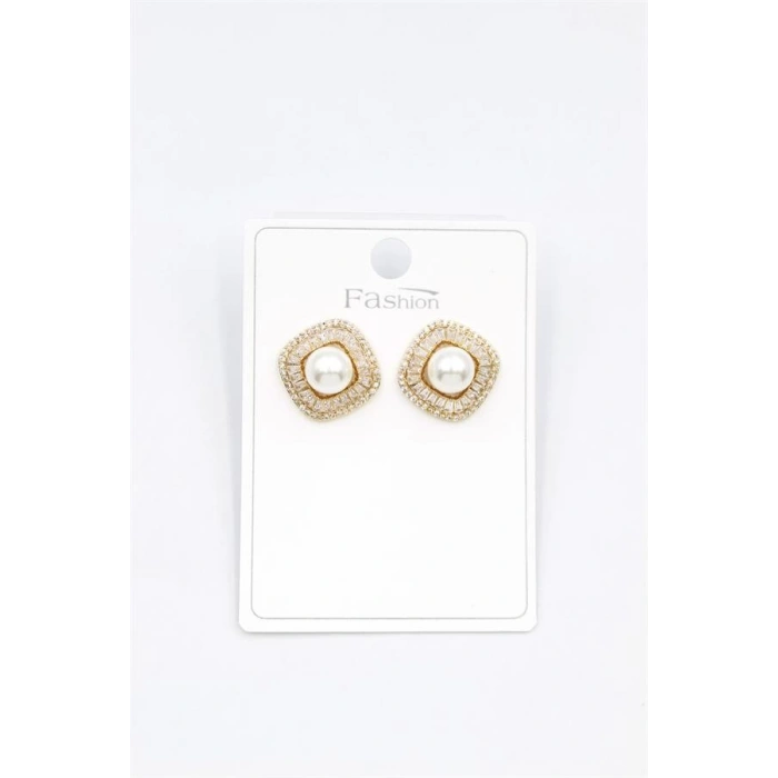 İncili Baget Taşlı Küpe - Altın