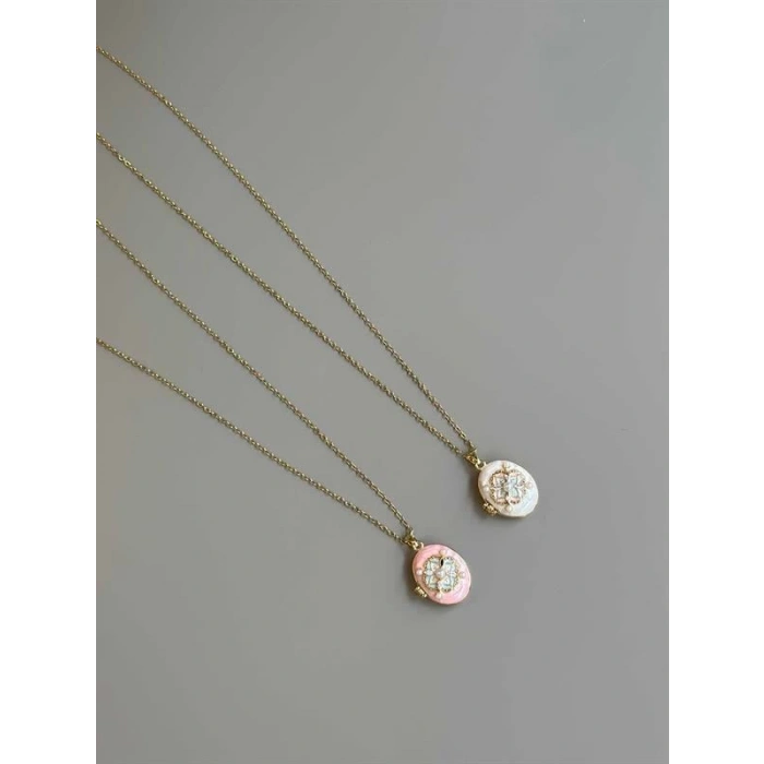 İncili Etnik Desen Kapaklı Kolye - Pembe