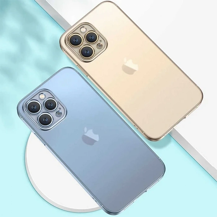 iPhone 13 Pro Max Renkli Kenar Şeffaf Kılıf Kamera Korumalı Silikon Kılıf-(5775)