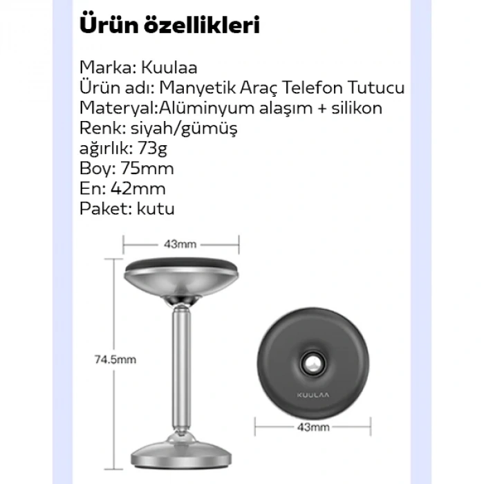 KUULAA Güçlü Mıknatıslı Manyetik Standlı Cep Telefon Araç Tutucu-(5775)