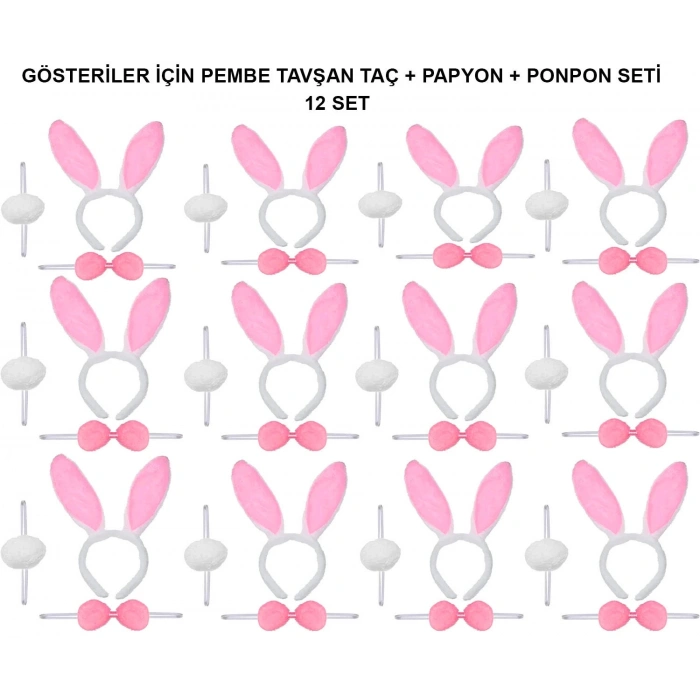Pembe Tavşan Kostüm Seti – Taç Papyon Ponpon (12’li Paket)