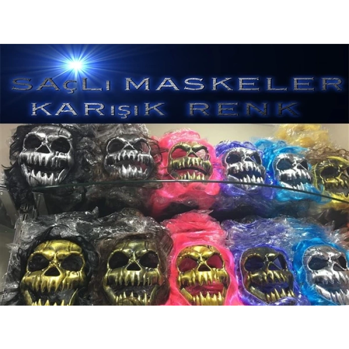Saçlı Kuru Kafa İskelet Maske 1 Adet