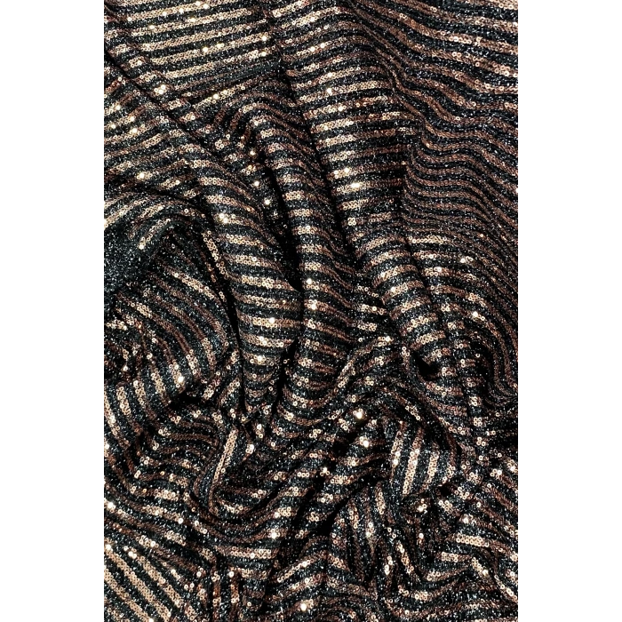 Sakallı Çizgili Pullu Kumaş  Pullu Payet Kumaş Abiye Nişan Düğün Siyah Bakır