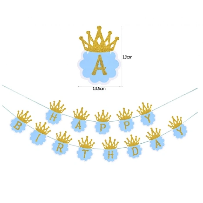 Simli Happy Birthday Flama Dekor 3 Metre Mavi Renk (4767)