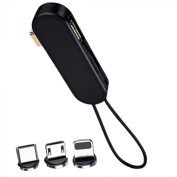 SİYAH 3İN1 (TYPE C- LİGHTNİNG- MİCRO USB) MANYETİK UÇ TAŞINABİLİR ŞARJ KABLOSU (4767)
