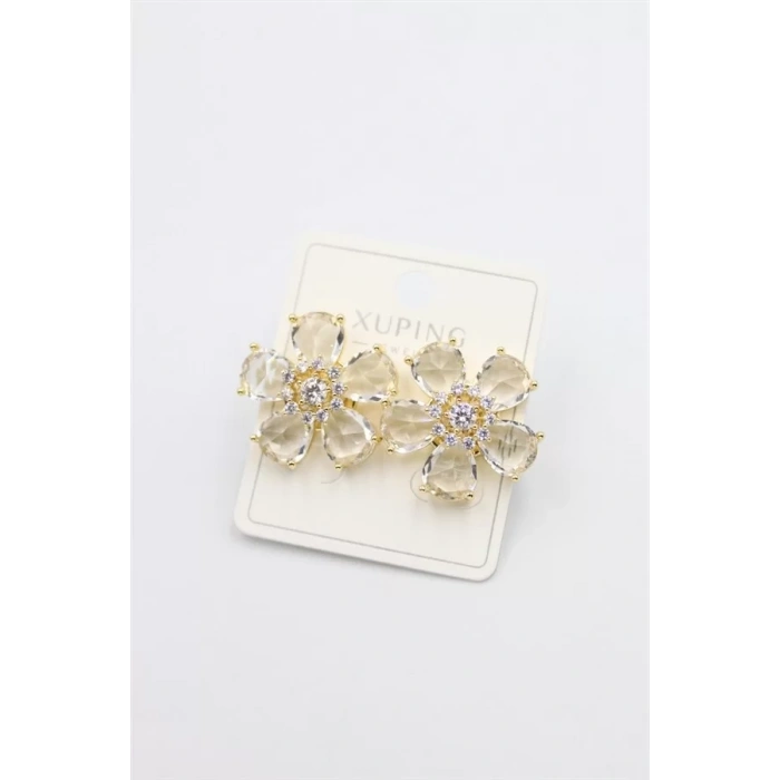 Taşlı Çiçek Küpe - Altın