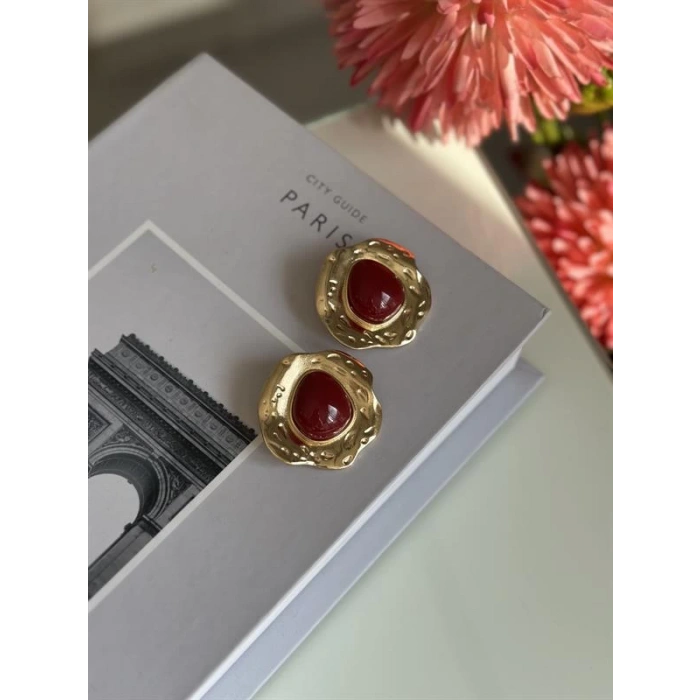 Taşlı Küpe - Bordo