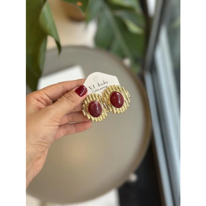 Taşlı Küpe - Bordo