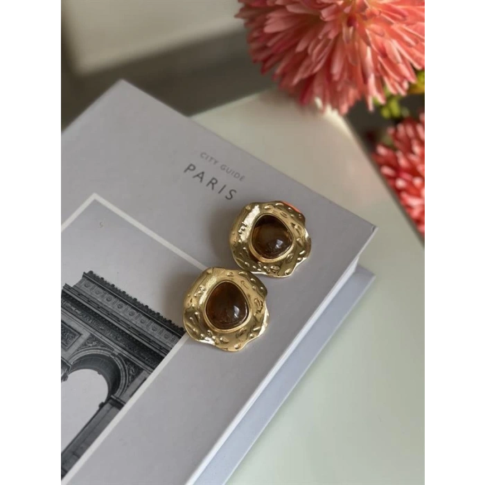 Taşlı Küpe - Kahverengi