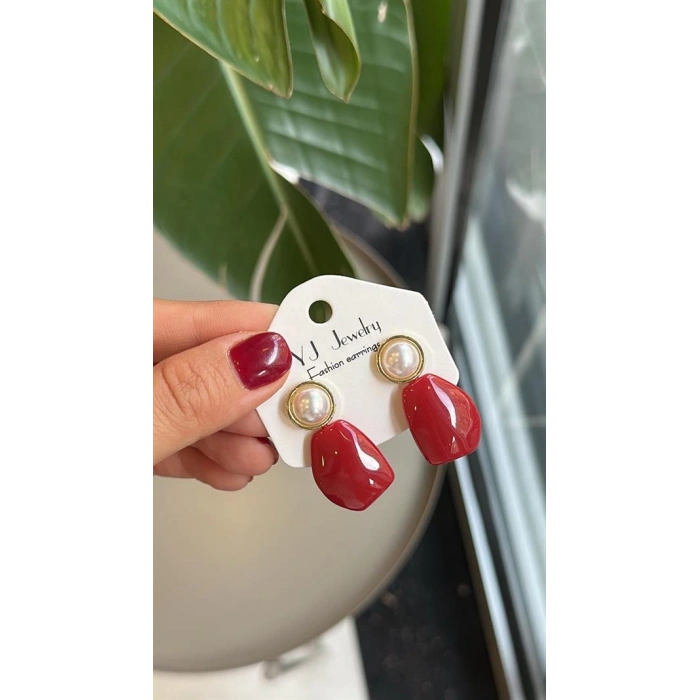 Taşlı Küpe - Kırmızı