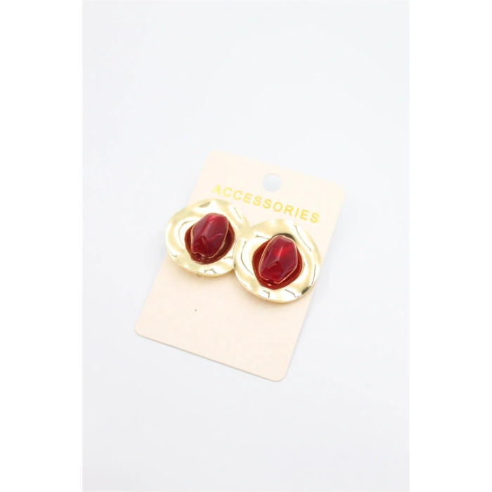 Taşlı Metal Küpe - Bordo