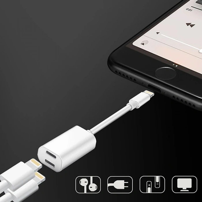Y Cable İPhone 14-13-12 11 Lightning Kulaklık +şarj Usb Adaptörü-(5775)