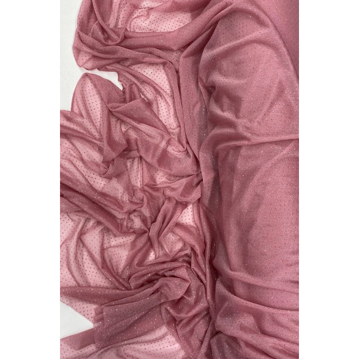 Yağmur Damlası Simli Abiye Elbise Şallık Tül Kumaş Gül Kurusu 32-H