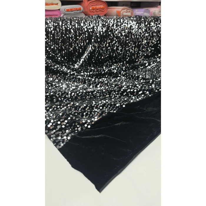 Siyah Kumaş Üzerine Gümüş Pul Payet İthal Kadife