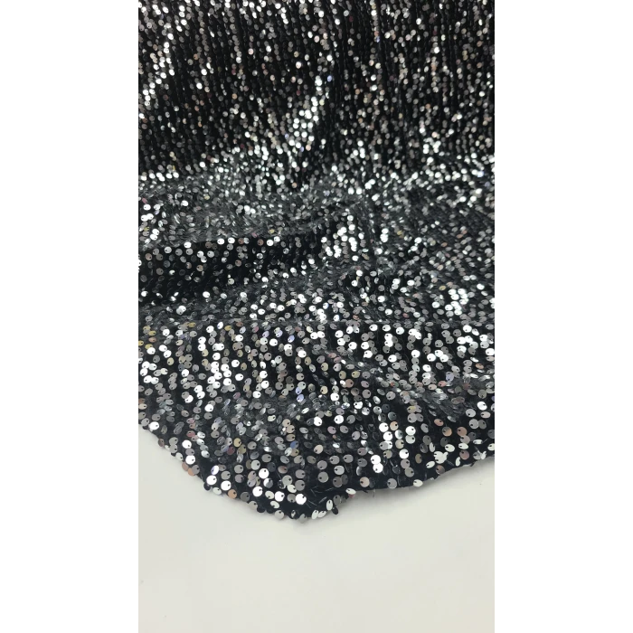 Siyah Kumaş Üzerine Gümüş Pul Payet İthal Kadife