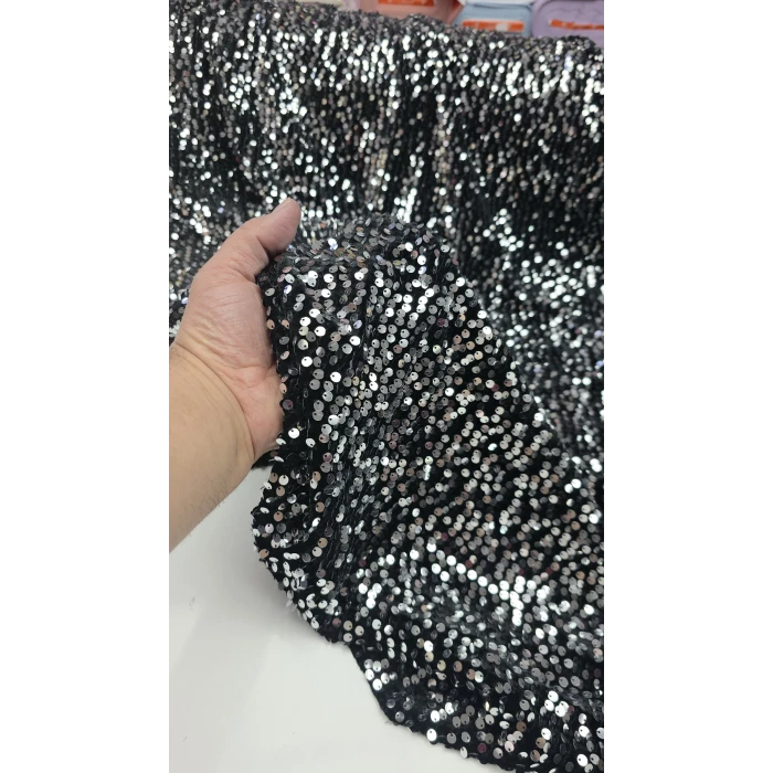 Siyah Kumaş Üzerine Gümüş Pul Payet İthal Kadife