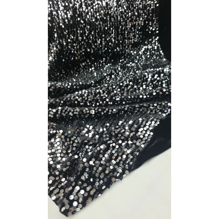Siyah Kumaş Üzerine Gümüş Pul Payet İthal Kadife