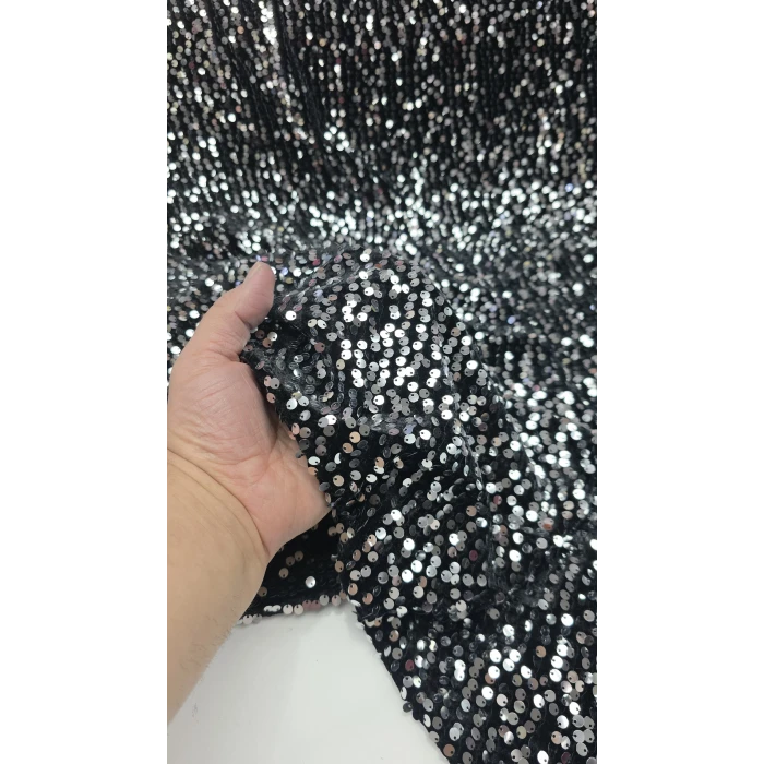 Siyah Kumaş Üzerine Gümüş Pul Payet İthal Kadife