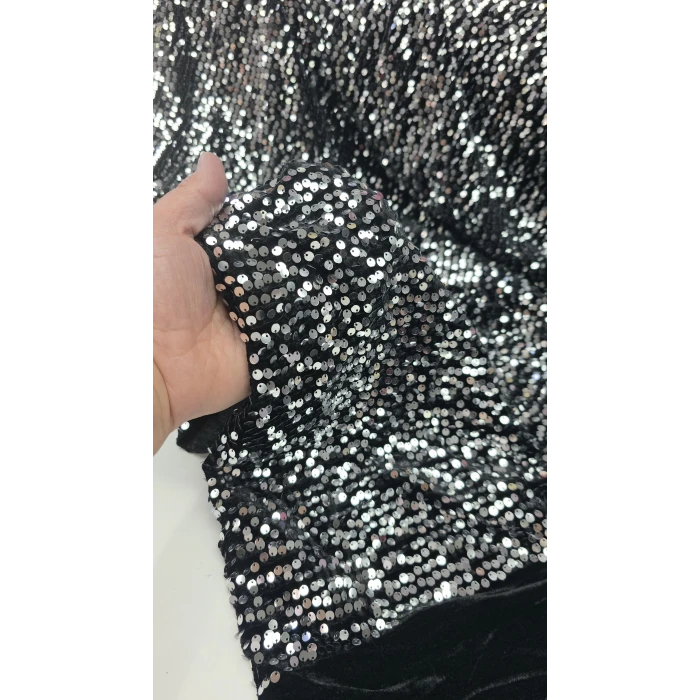 Siyah Kumaş Üzerine Gümüş Pul Payet İthal Kadife