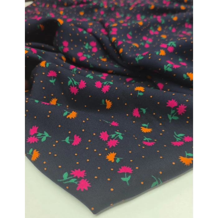 CİMCİME ÇİÇEKLER Organik Viskonlar . Zemin Lacivert Pembe-Sarı Çiçekler