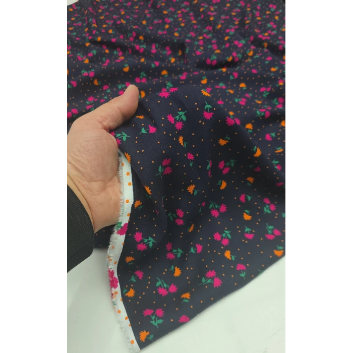 CİMCİME ÇİÇEKLER Organik Viskonlar . Zemin Lacivert Pembe-Sarı Çiçekler