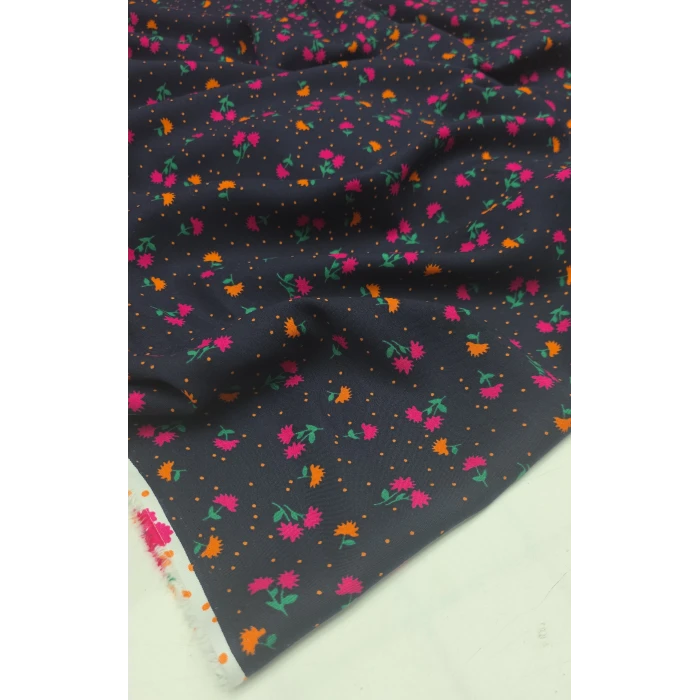 CİMCİME ÇİÇEKLER Organik Viskonlar . Zemin Lacivert Pembe-Sarı Çiçekler