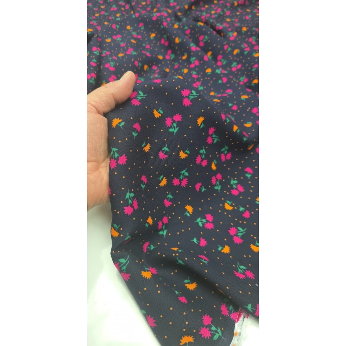 CİMCİME ÇİÇEKLER Organik Viskonlar . Zemin Lacivert Pembe-Sarı Çiçekler