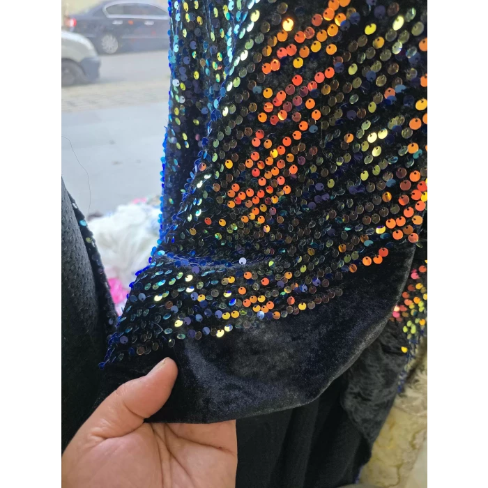 KADİFE PAYET Zemini Siyah Sarı-Mavi Pullu