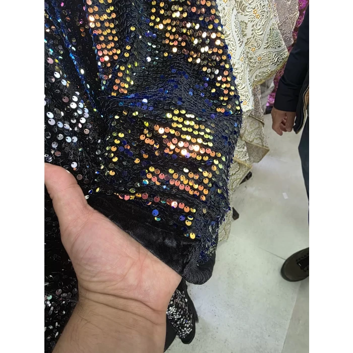 KADİFE PAYET Zemini Siyah Sarı-Mavi Pullu