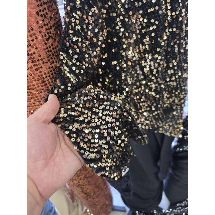 KADİFE PAYET Zemini Siyah Sarı Pullu