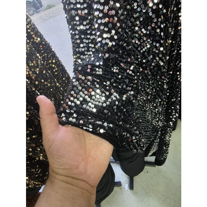 KADİFE PUL PAYET Zemini Siyah Gümüş Pullu