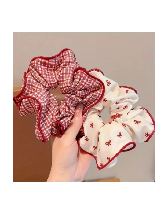 2 Adet Kırmızı-Beyaz Concept Scrunchie Toka Ekose Desen Simit Toka