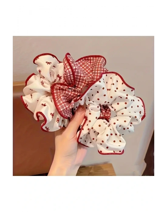 2 Adet Kırmızı-Beyaz Concept Scrunchie Toka Ekose Desen Simit Toka