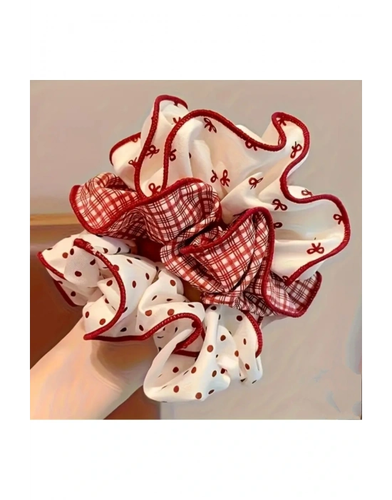 2 Adet Kırmızı-Beyaz Concept Scrunchie Toka Ekose Desen Simit Toka