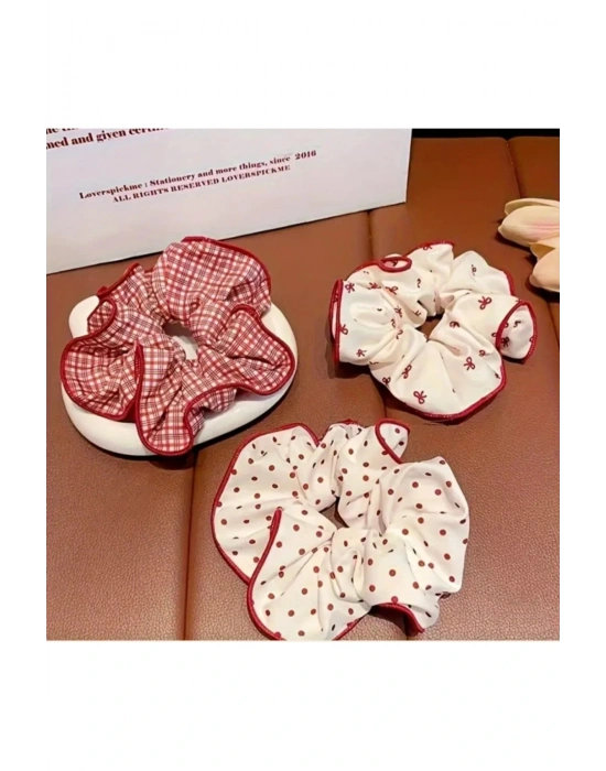 2 Adet Kırmızı-Beyaz Concept Scrunchie Toka Ekose Desen Simit Toka